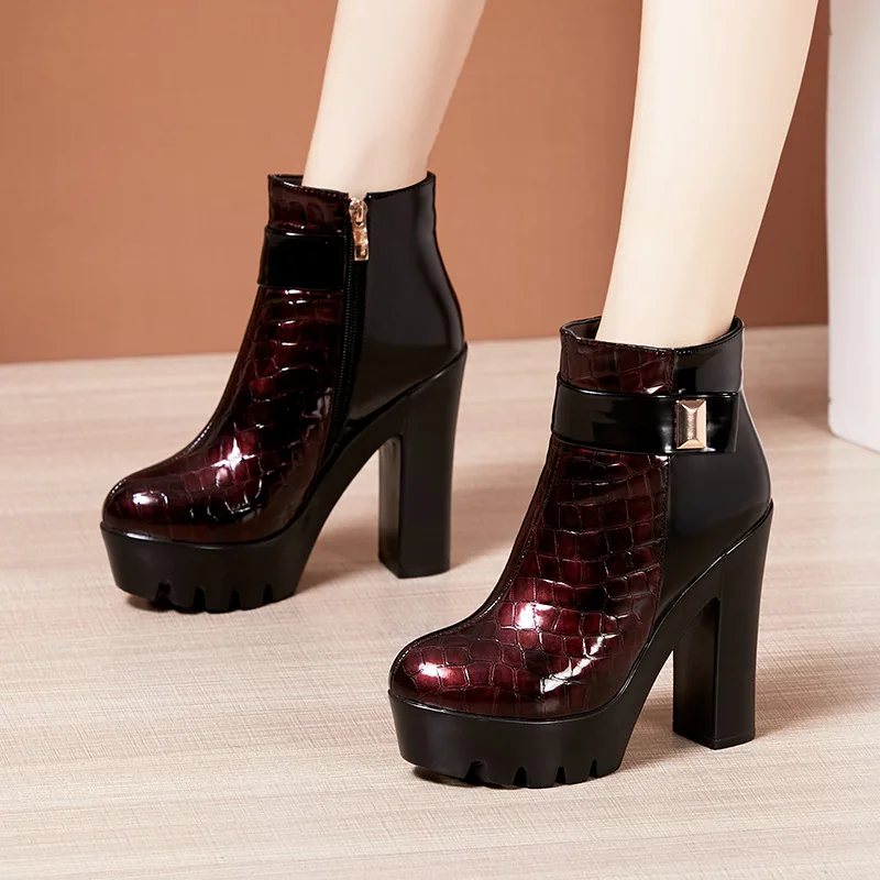 High quality short ankle patent leather boots for women 13cm high heel point toe 2025 32 33 34 autumn winter fashion shoe red
