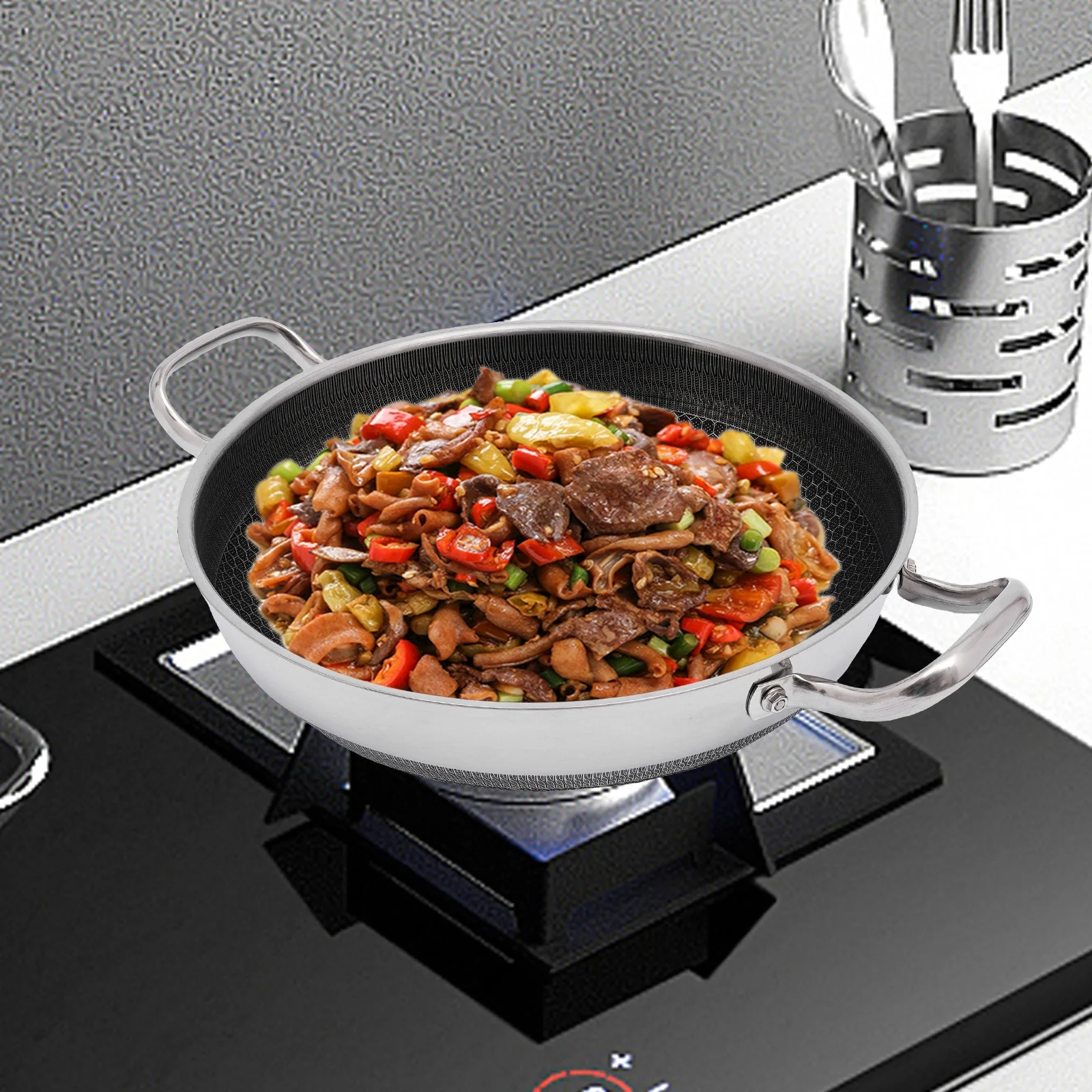 PFAS PFOA Lead Cadmium Free 316 Stainless Steel Nonstick Skillet Honeycomb Non-Stick Texture Even Heating Easy Rinse Clean 12.59In Lightweight Dual Handle Visible Glass Lid For Induction Gas Ceramic Household Cooking Pan