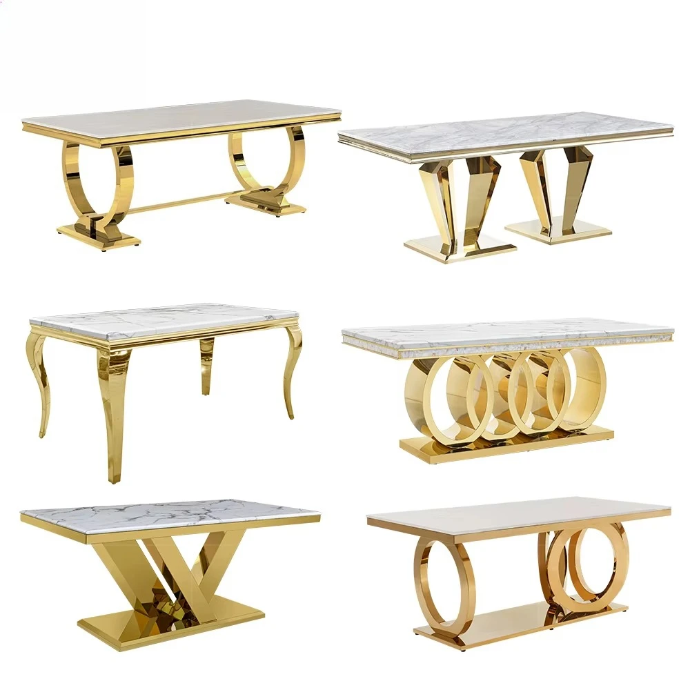 أثاث مرآة 6 مقاعد طاولة طعام أنيقة للمطاعم مجموعة طاولة طعام زجاجية فاخرة من الرخام الذهبي #1