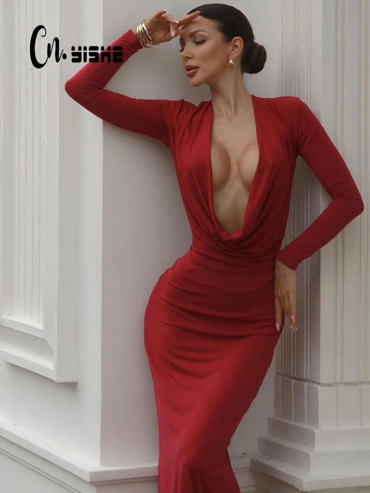 

CNYISHE ElegantSolid Bodycon Sheath Midi Party Women Dresses Deep V Neck Long Sleeve Outfits Sexy Club Fashion Female Vestidos