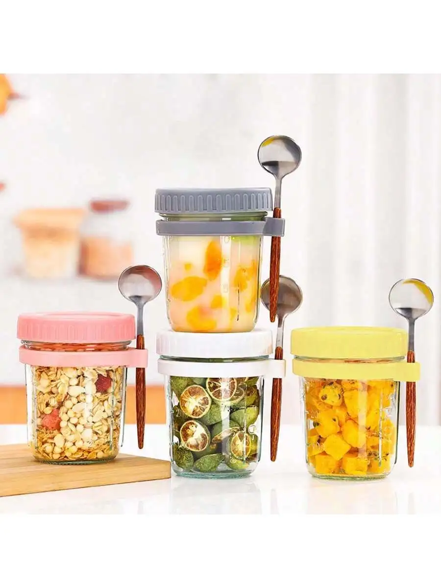 1PC 350ml overnight oatmeal container with lid and spoon, large capacity airtight overnight oatmeal jar with measurement mark,