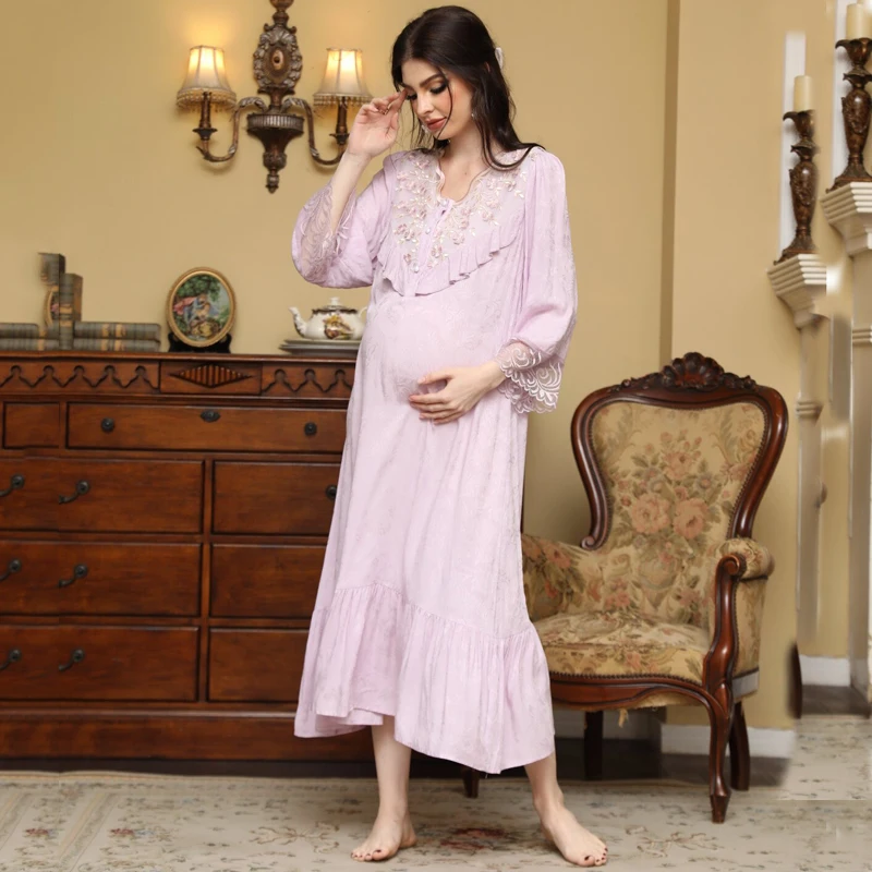 New Sweet Pregnant Women's Sleep Dress Loose Princess Lace Maternity Dress V-neck Soft Cotton Breathable Outdoor Lounge Clothes