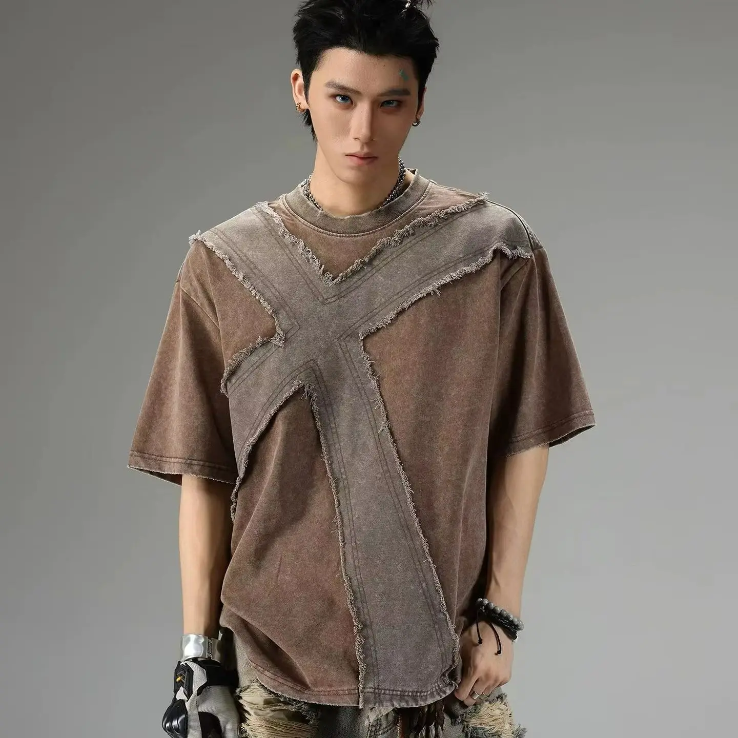Vintage Washed Fringe Patchwork Short Sleeve Tee Deconstructed Cross Applique Loose Fit Men Women Streetwear Casual Top