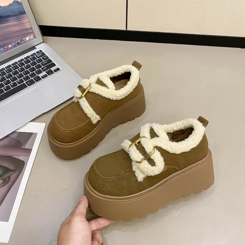 Women's New Winter Heel Boots Fashion Round Head Cow Suede Metal Buckle Thick Sole Anti-slip Wear-resistant Low-top Shoes image 5