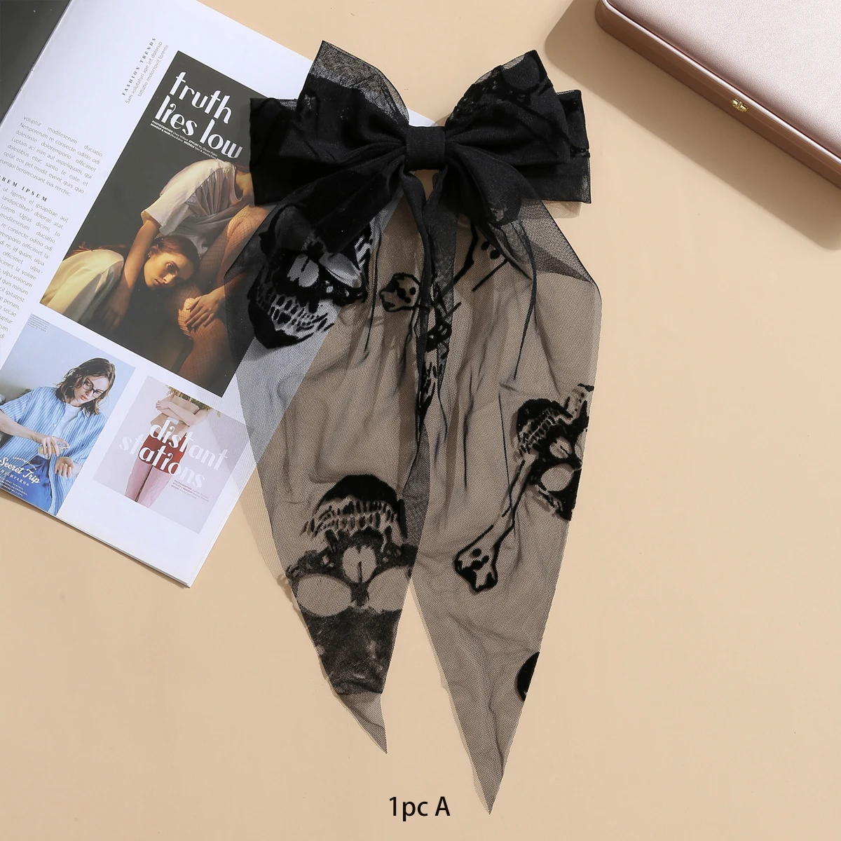 1pc Spider Web Bat Skull Black Mesh Veil Halloween New Bow Hairpin Hair Accessory Temperament Versatile Spring Clip view 3