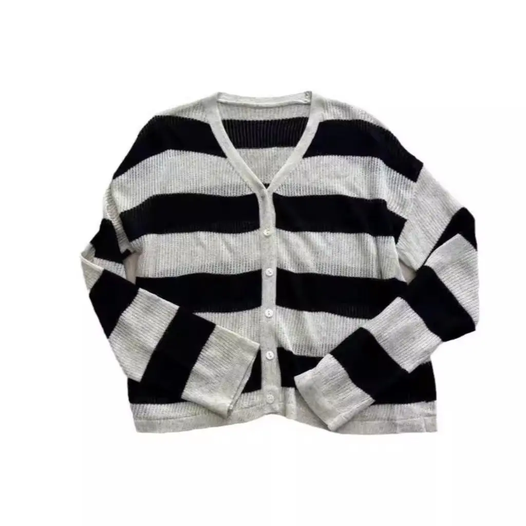 

Women's French V-neck Striped Tencel Linen Knitted Cardigan Jacket Thin Sunscreen Blouse Outer Wear F080201