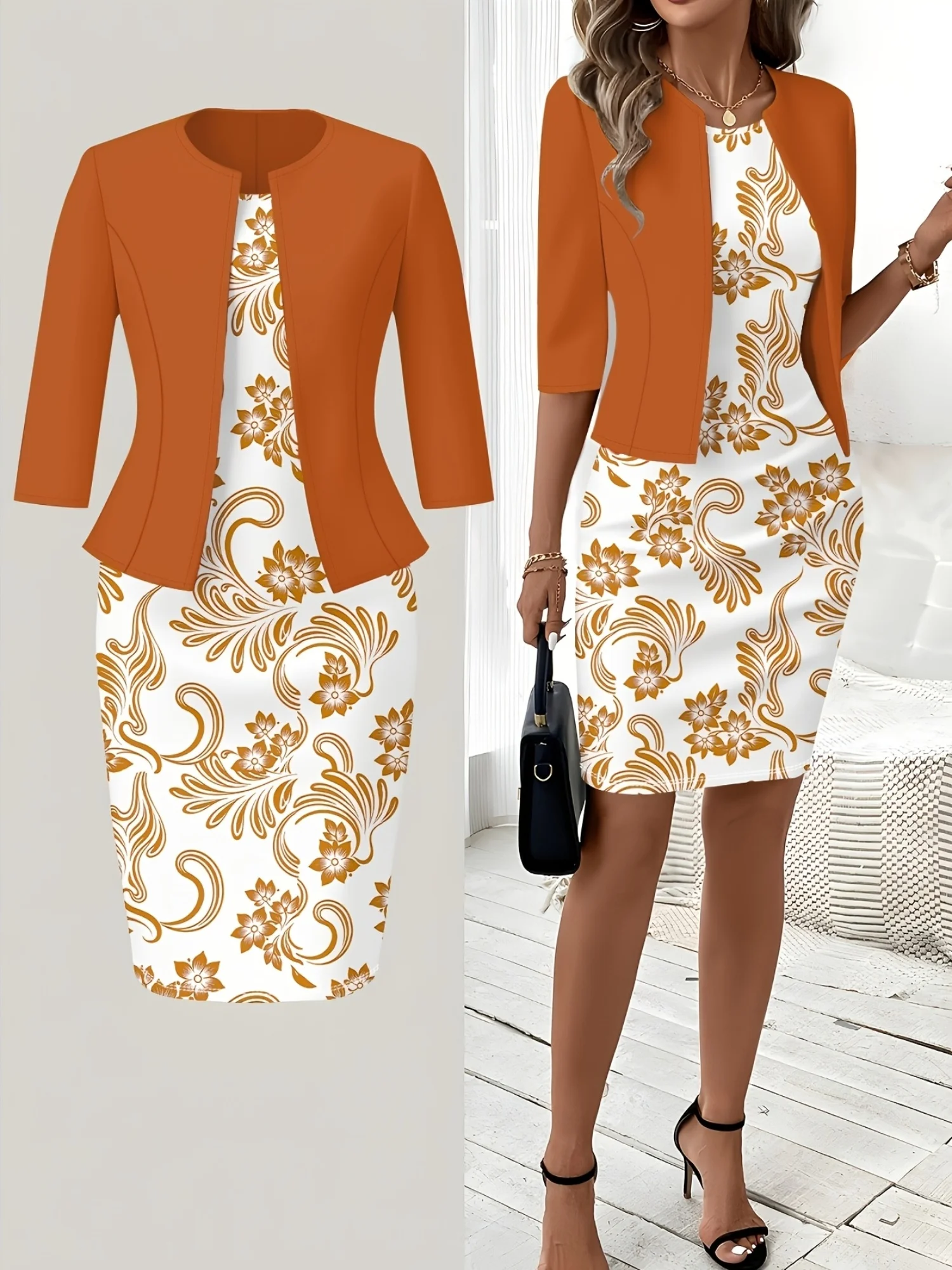Print Design Casual Style Golden Scroll Floral Print Round Neck Sleeveless Dress Set