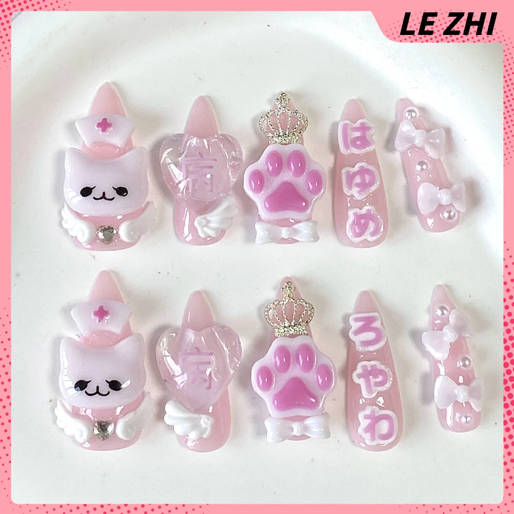 10 قطعة Y2K الكرتون مرحبا كيتي بلدي ميلودي اليدوية طويلة اللوز اضغط على الأظافر الحلو كول ثلاثية الأبعاد الزهور القوس أجنحة الماس وهمية مسمار