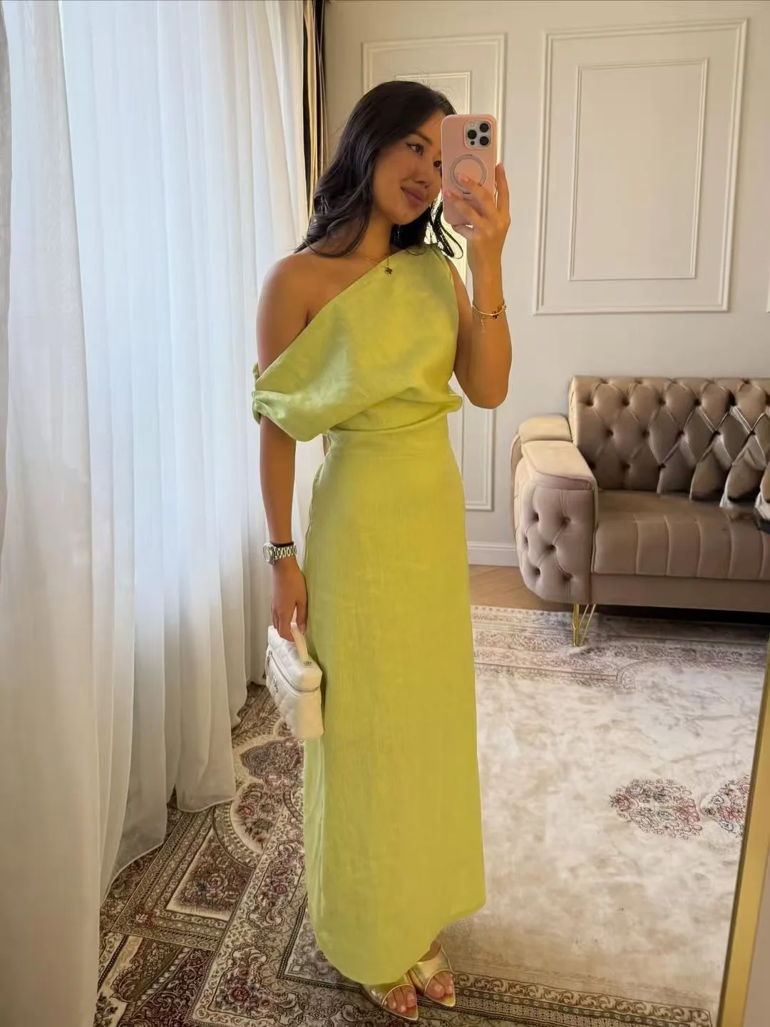 2026 Neues Schickes Einfarbiges Baumwoll-Leinen Sommerkleid Damen Elegantes Schulterfreies Schlankes Midikleid Weibliches Urlaubs-Strand-Party-Kleid