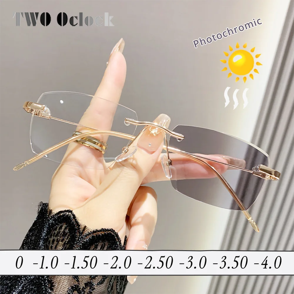 Luxury Designer Myopia Glasses Women's Photochromic Sunglasses Women -1 Diopters Sun Glasses Rimless Metal Frameless Rectangle