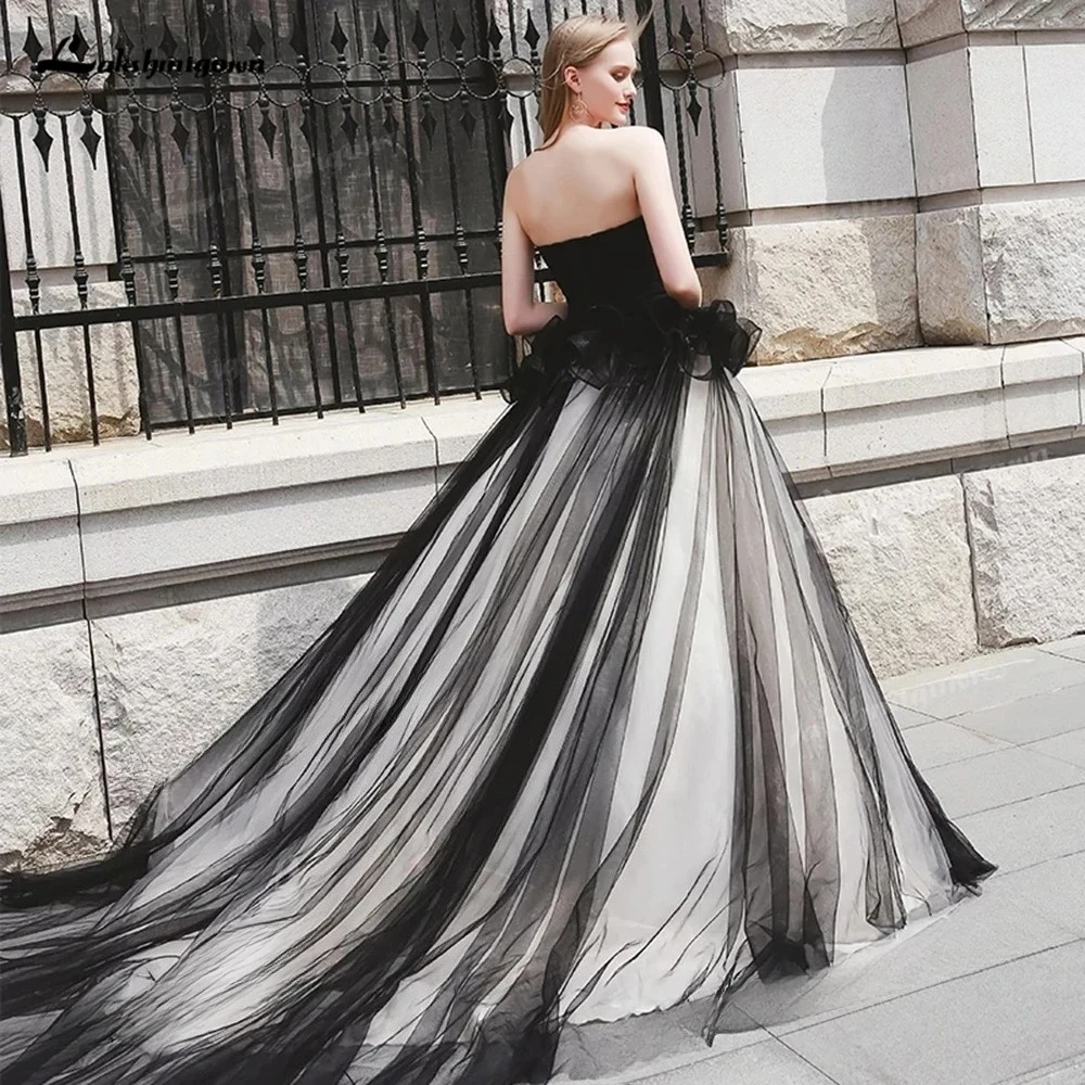 Customized Black Strapless Formal Dress Ruffle Waist Design Dual Color Black Grey Sheer Tulle Floor Train A Line Evening Gown