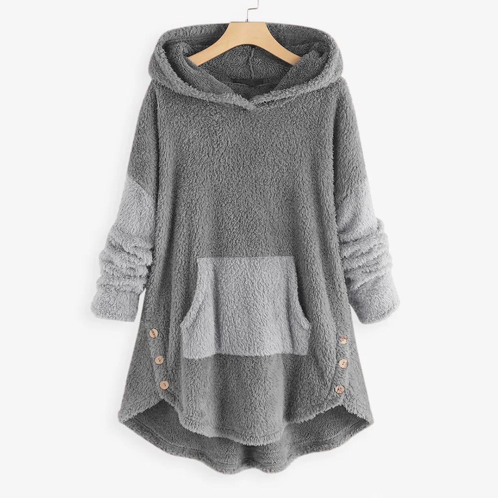 2022 Winter mäntel Kapuze Fleece flauschigen Knopf warm gepolsterte Jacke Frauen lässige Tasche einreihige feste Hoodie