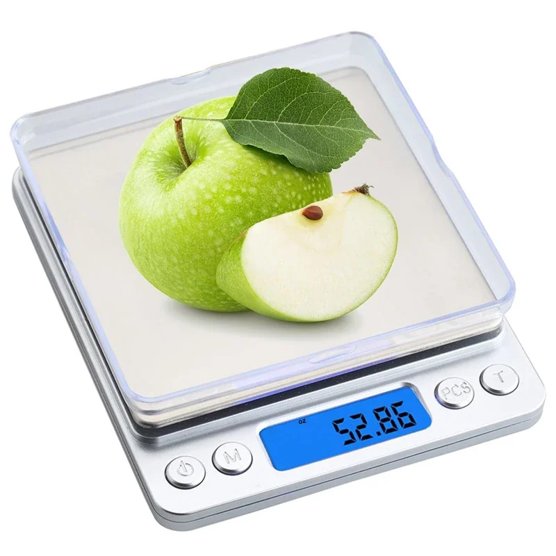 500g 0.01g Digital Scale Electronic Weight Scales 3kg 0.1g Pocket Case Jewelry Scale Food Kitchen Balance Silver With 2 Tray