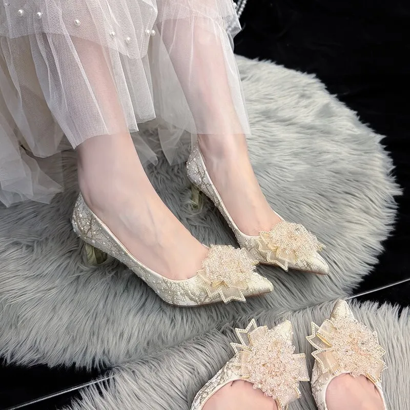 

Wedding Shoes Women's Beautiful Rhinestone Bow High Heels Stiletto Heel French Single Shoes