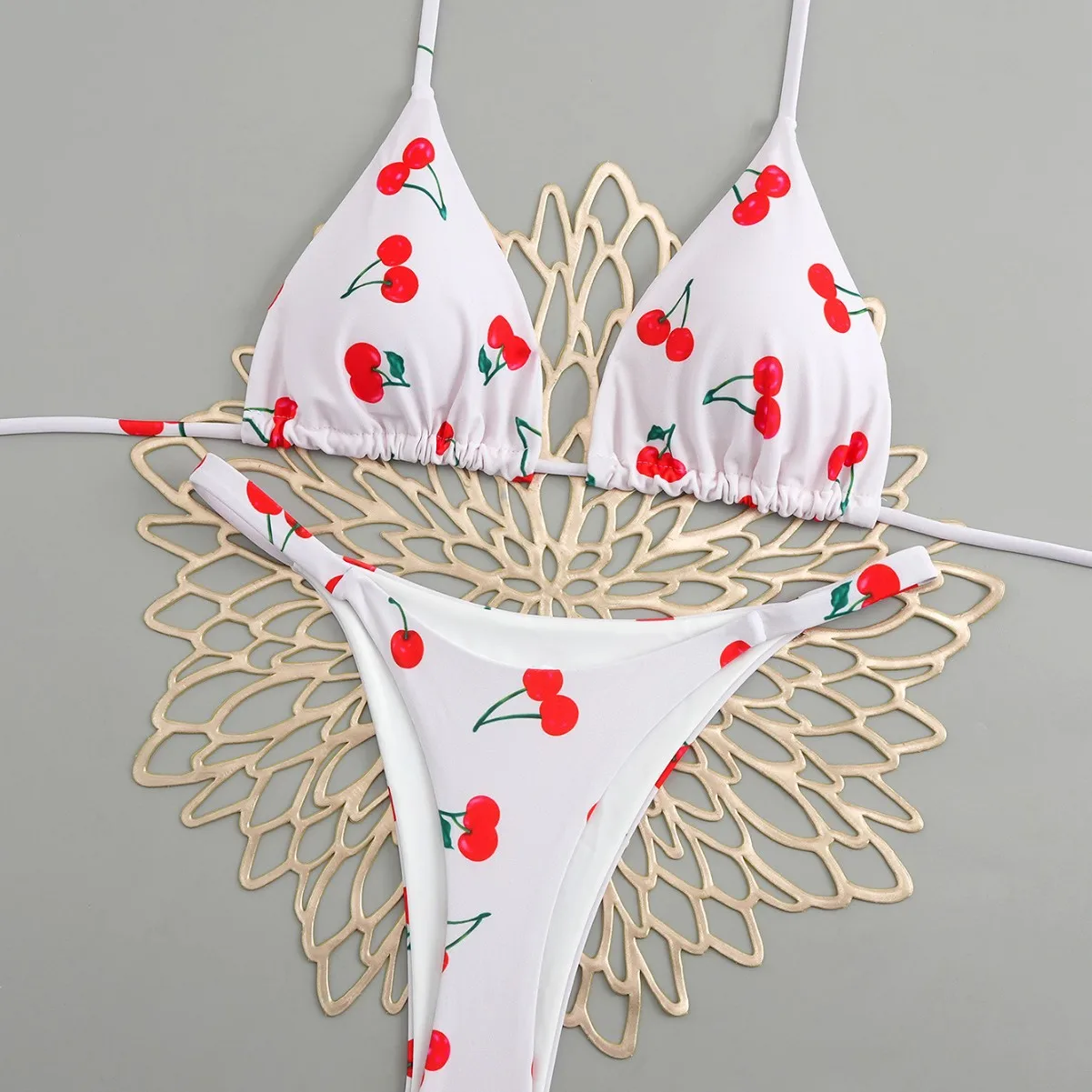 مثير مثلث رفع ثوب سباحة مثير الجانب سلسلة ثونغ البيكينيات النساء الكرز عيون طباعة المايوه مبطن ملابس السباحة ملابس الشاطئ #3