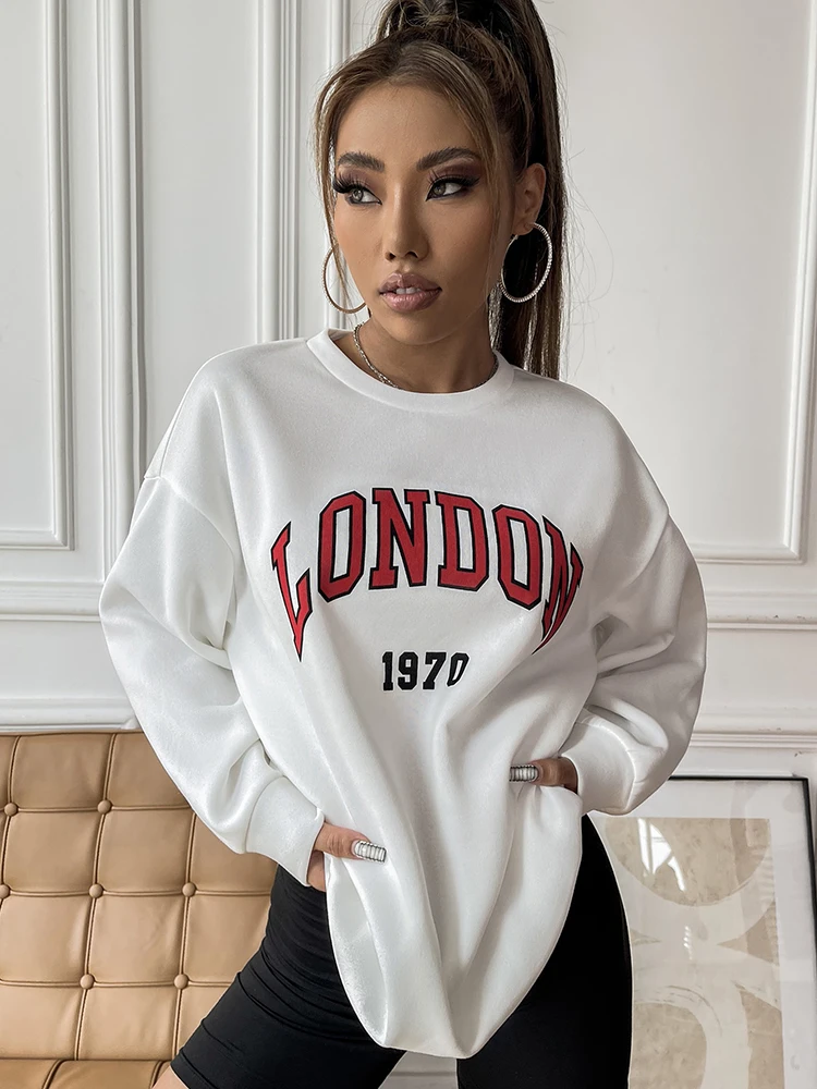 London 1970 Simple Letter Print Women Sportswear Comfortable Fleece Long Sleeves Vintage Fashion Tops All-math Soft Woman Hoodie