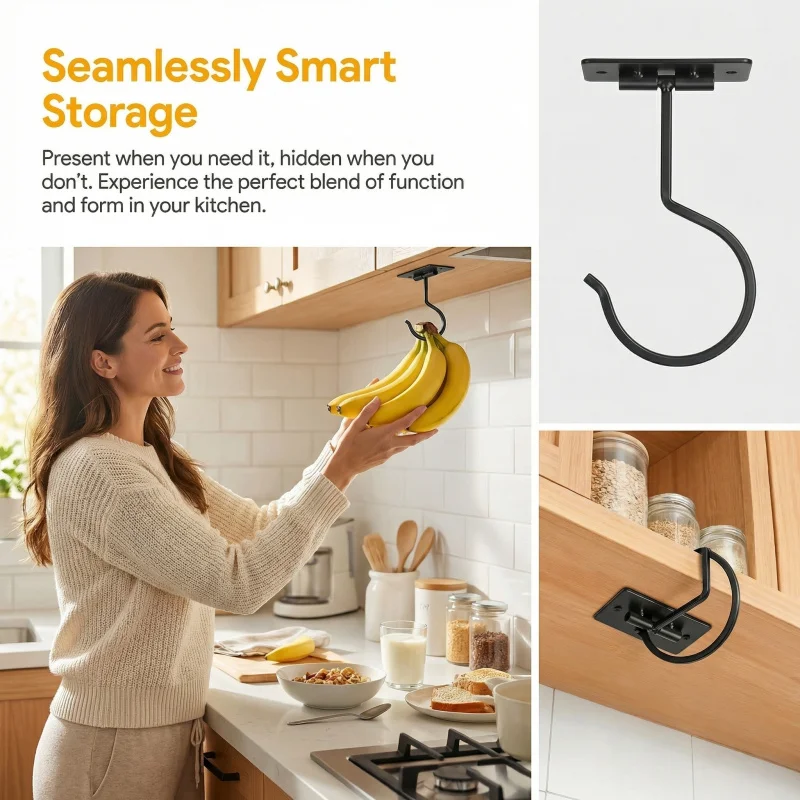 Black Metal Self-Adhesive Banana Hook Foldable Storage Rack Space-Saving Kitchen Cabinet Food Organizer 1-2PCS view 4