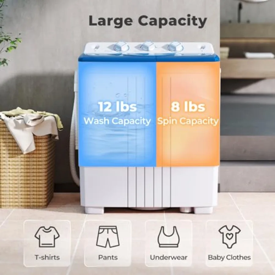 Compact Portable Washing Machine with 20 LBS Capacity Dual Function: 12 LBS Washing and 8 LBS Spin Drying Builtin Drain Pump an