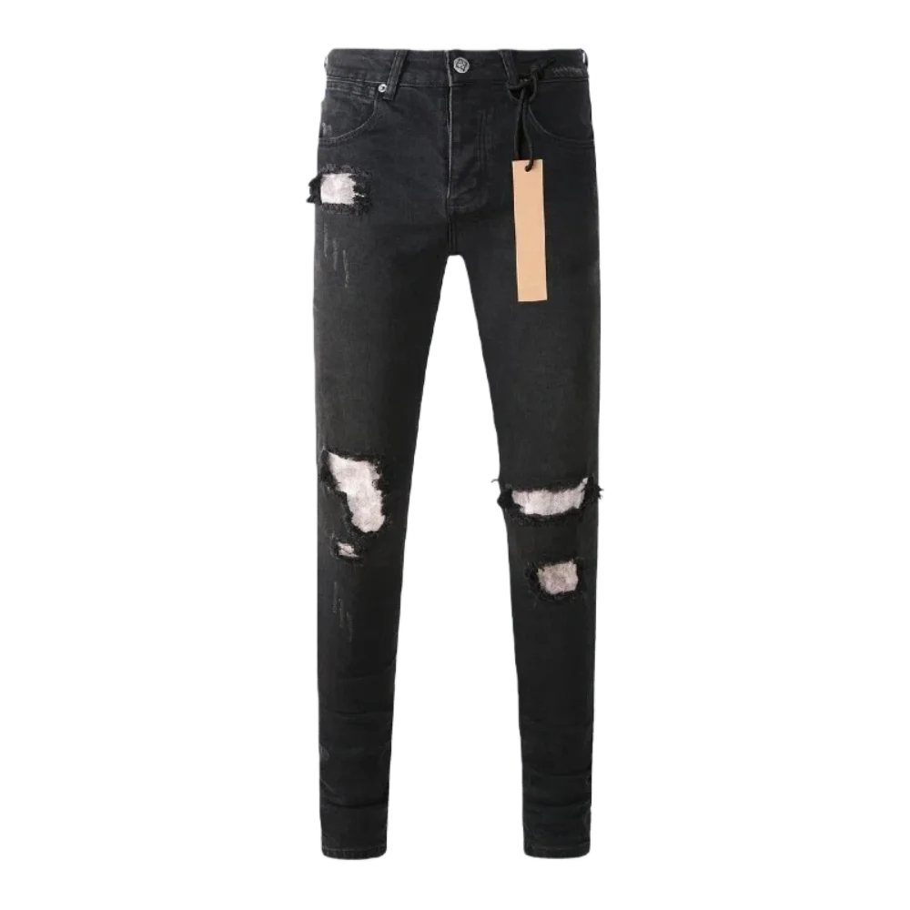 

Высококачественные черные рваные джинсы с многослойными нашивками и пуговицами, модный и модный выбор.
