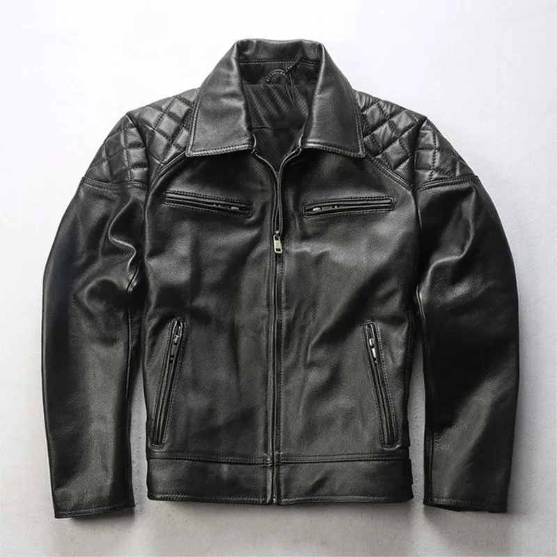 Chaqueta de cuero para motocicleta para hombre, capa superior de piel de vaca acanalada