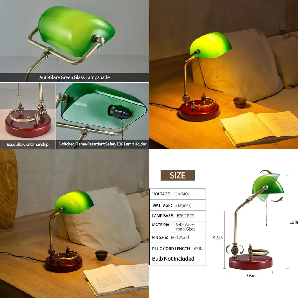 

Классическая настольная лампа для банкеров из зеленого стекла с основанием из березового дерева, переключателем-цепочкой, розеткой E26 для офиса и учебы