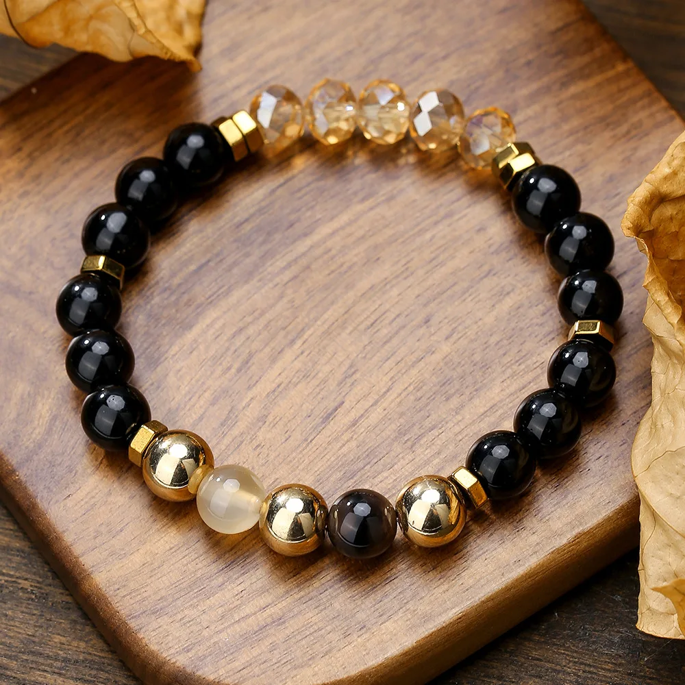 Meetvii Handmade 8mm Onyx Natrual Stone Beaded Bracelets for Women Men Hematite Healing Braslet Cadeau Homme Leisure Jewelry