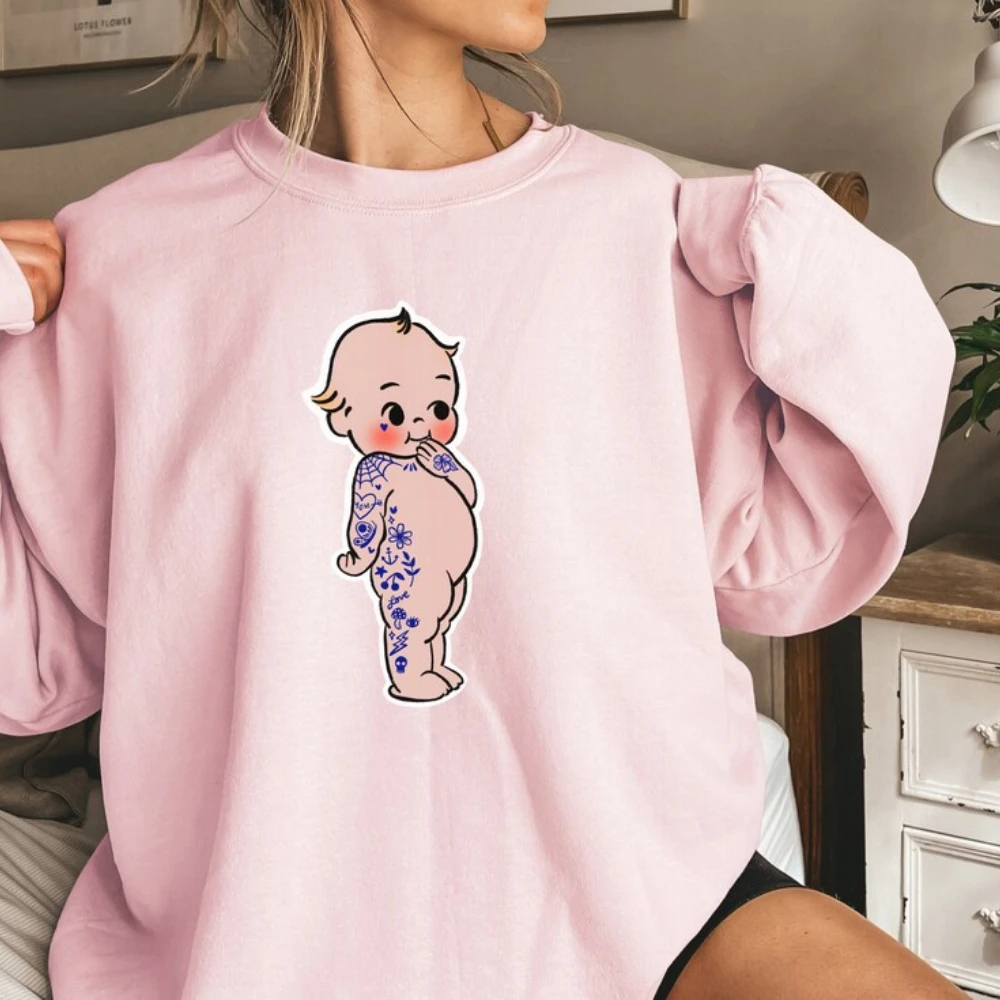 Tattooed Kewpie Doll Sweatshirt 90s Vintage Baby Doll Crewneck Long Sleeve Autumn and Winter Keep Warm Personality Clothes