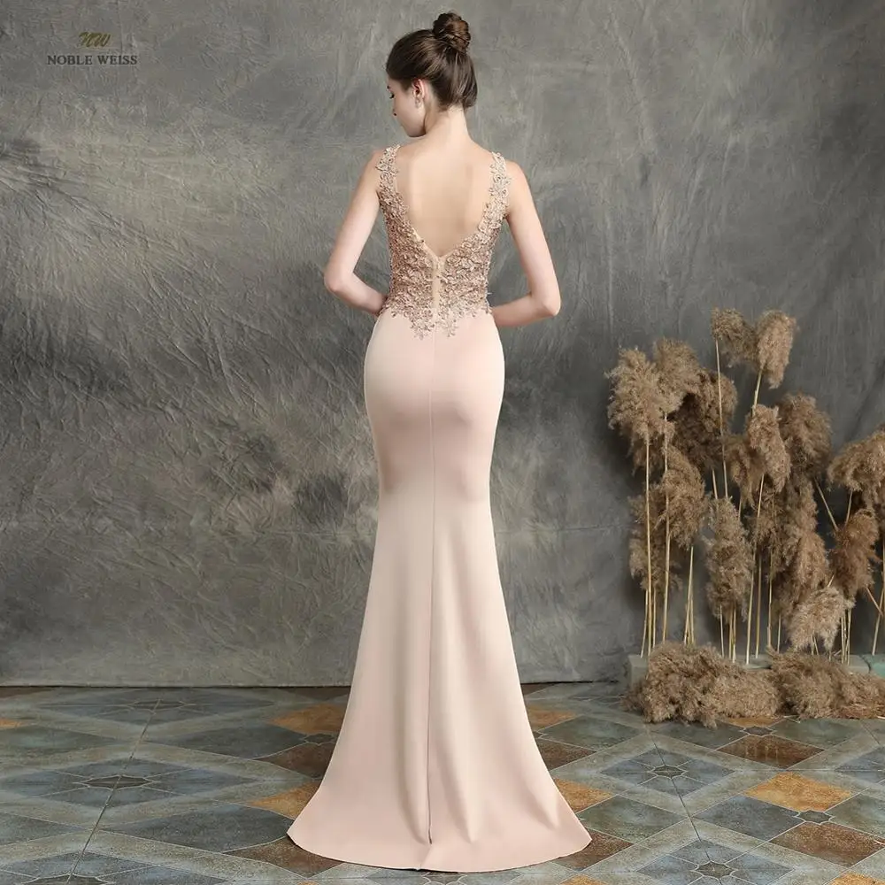 Quần Sịp Đùi Thông Hơi 2022 Đen Nàng Tiên Cá Thun Đầm Dự Tiệc Gợi Cảm Vestidos De Gala Cổ Chữ V Appliques Chiếu Trúc Hạt Hứa Bầu