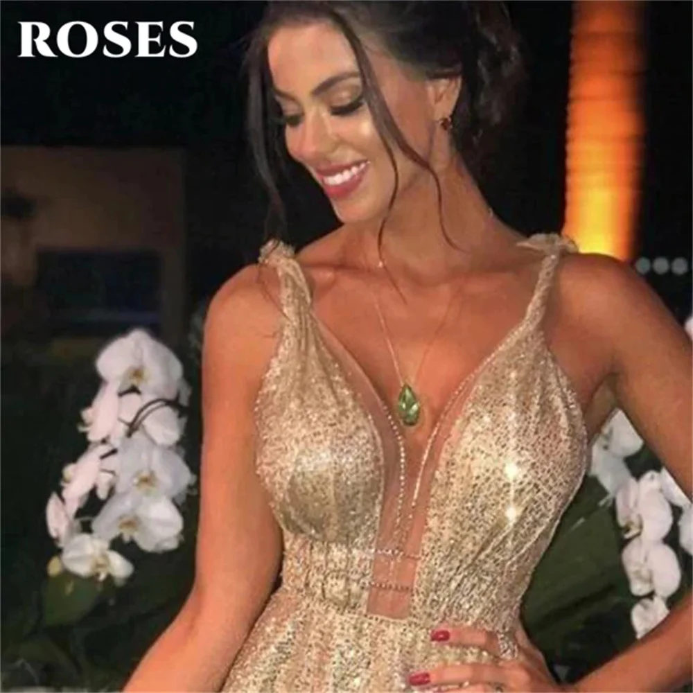 ROSES Champagne Gold A Line Prom Dress Long Formal Sequins Shinny Evening Gowns V Neck Backless Party Dresses Personalizado