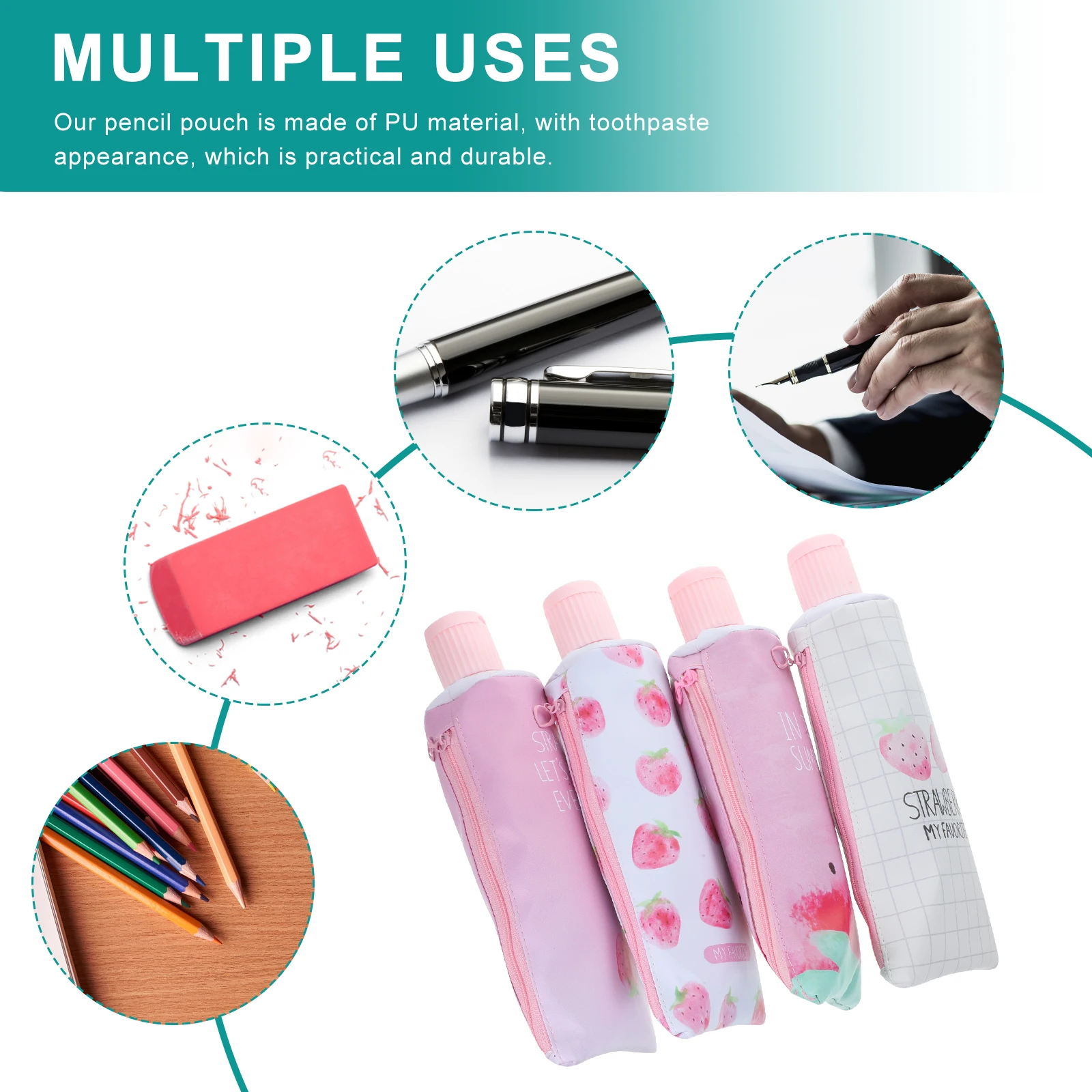 

4 Pcs Pink Toothpaste Shaped Pencil Case Aesthetic Large Capacity School Supplies Cute PU Material For Students Adults