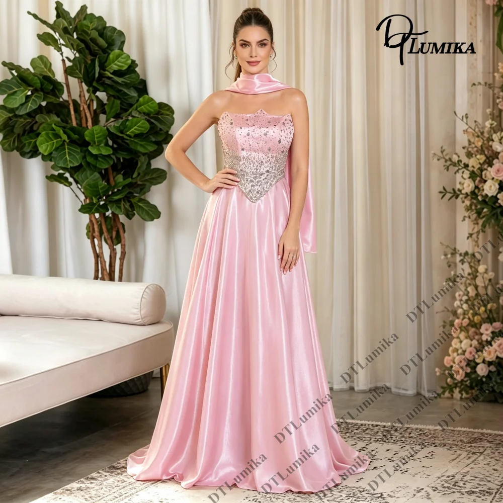 Strapless Beaded Prom Dress Long A Line Formal Evening Gown With Matching Scarf Wedding Guest Quinceanera Dress For Women