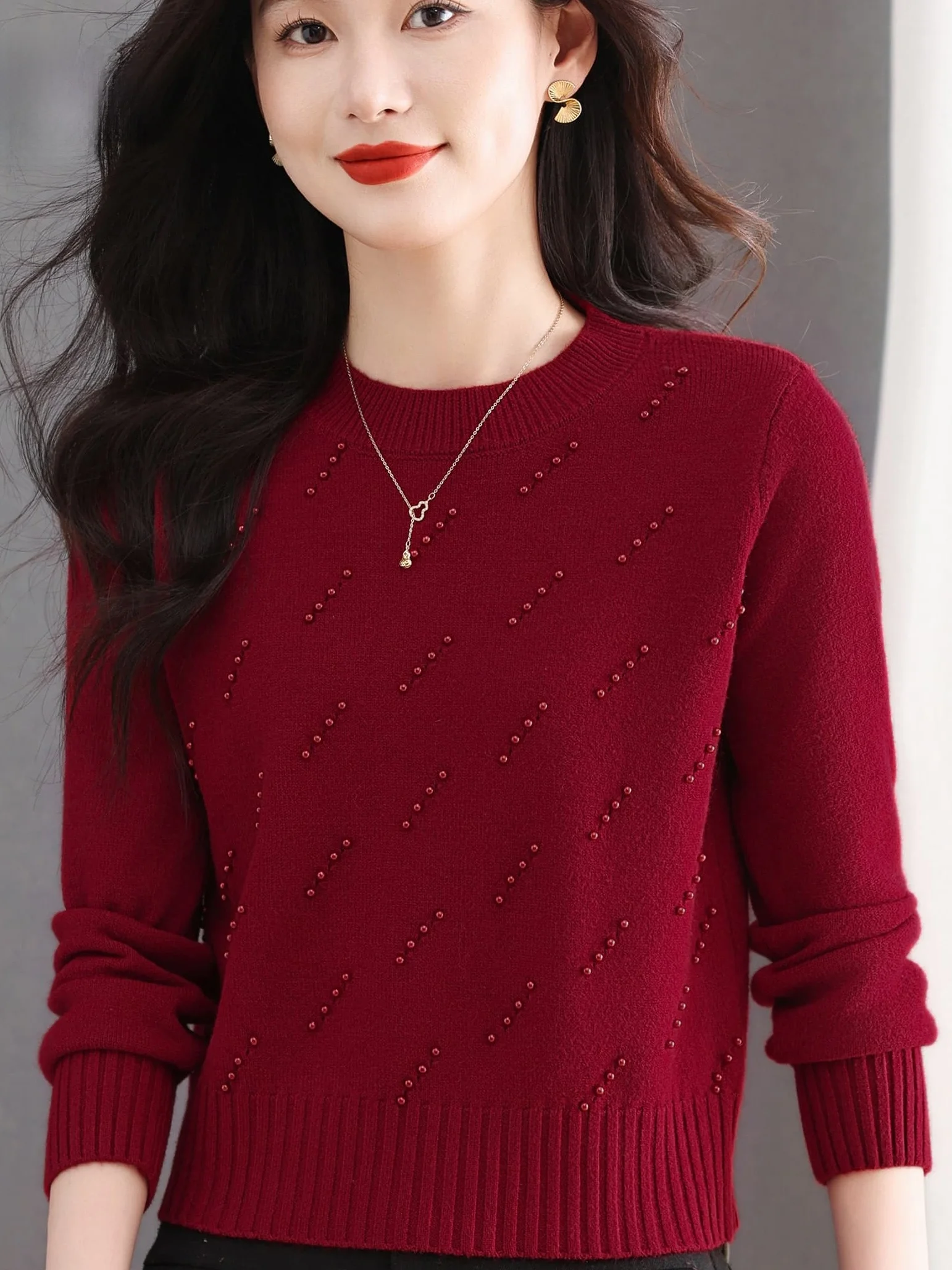 

Autumn Winter Glitter Knitted Sweater Women's Faion Versatile Mommy Sle round Ne Base Layer irt for Middle Aged And E...