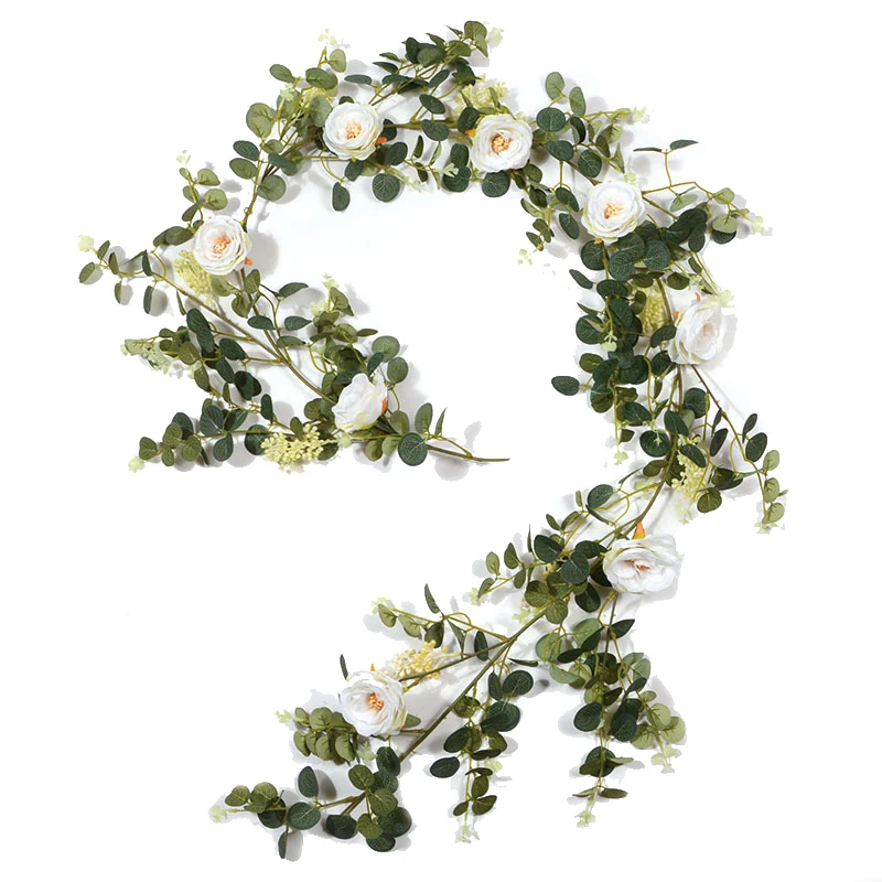 Artificial Flower Eucalyptus Garland with Camellias, 6Ft Fake Hanging Flower Vine for Wedding,Garden ,Table Decor