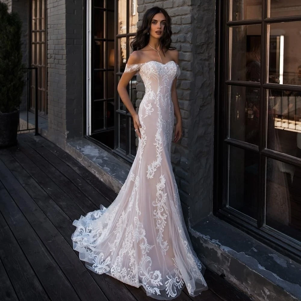 

Off The Shoulder Lace Wedding Dress Vintage Mermaid Vestidos De Novia Applique Lace Up Bridal Gowns Sweetheart Vestido De Noiva