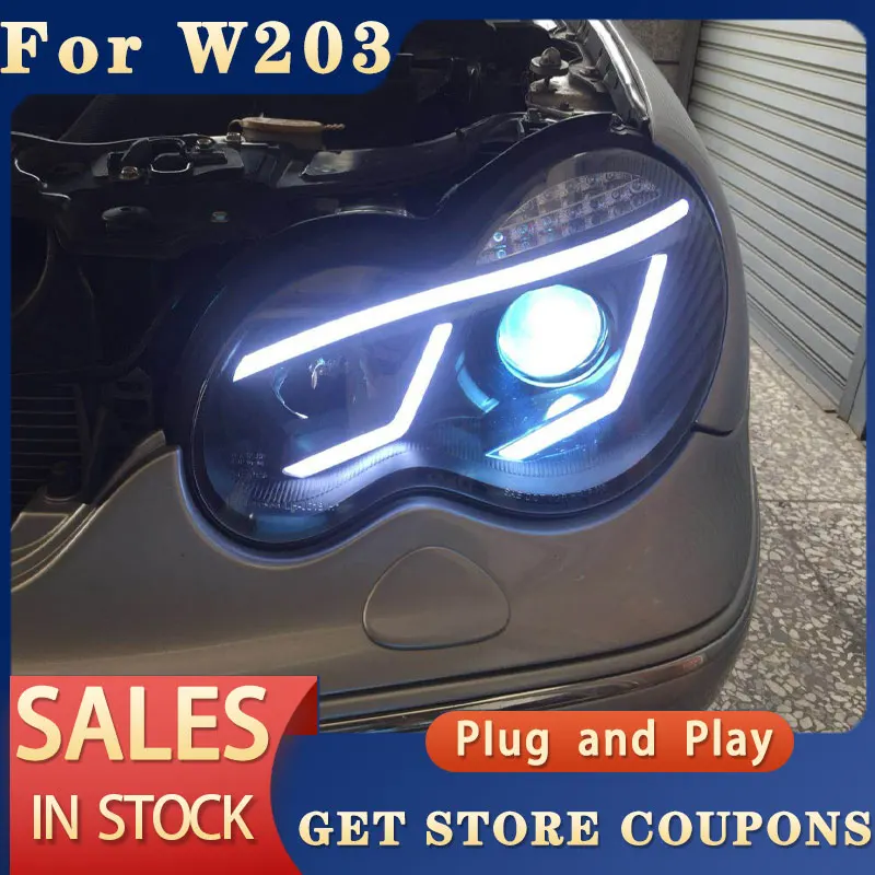 

2PCS led headlamp For Benz W203 C-Class 2000-2006 C180 C200 C230 Slick Black Projector lens Headlights LED DRL front lights