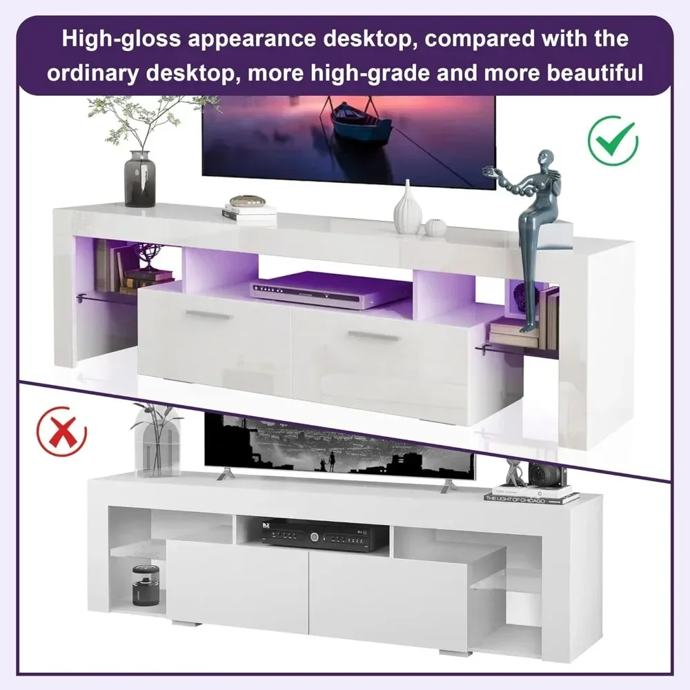 Modern LED Long TV Stand with Large Storage Drawer，Wood TV Console with High Glossy Entertainment Center