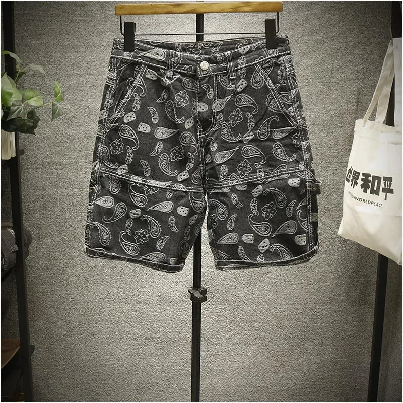 Men\'s Short Jeans Pants with Pockets Male Denim Shorts Blue Cargo Graphic Rude Harajuku Summer Wide Streetwear Buttons Jorts Cut