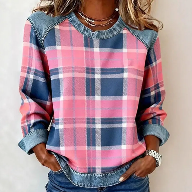 Y2K Kleding Sexy Ronde Hals Patchwork Vrouw Sweatshirts Casual Plaid Print Losse Tops Trui Lente Herfst Lange Mouw Hoodies