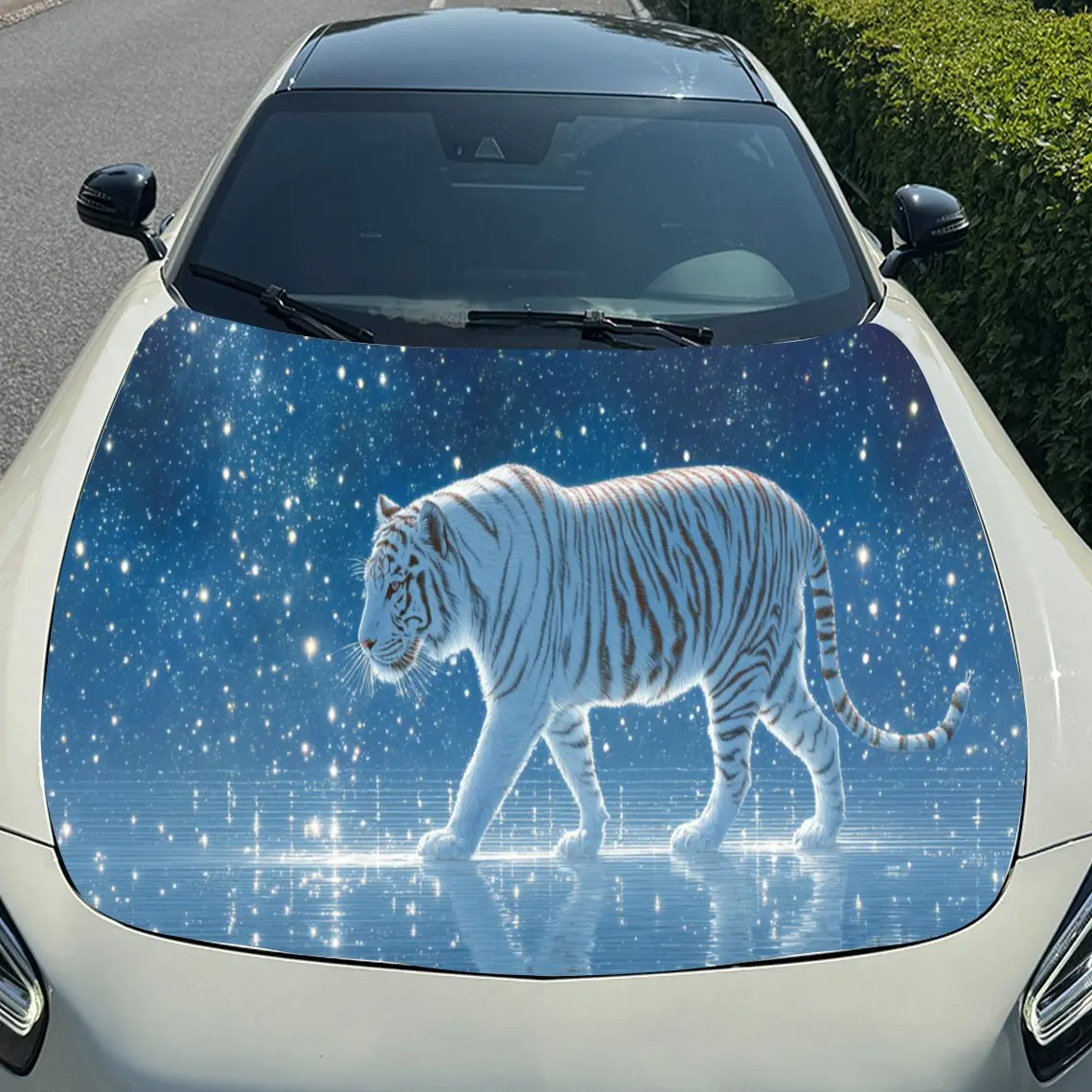 

White Tiger Lake Car Hood Sticker PVC Self Waterproof Stick, Striking Auto Exterior Accessories Decor Protect Gift for Car Lover
