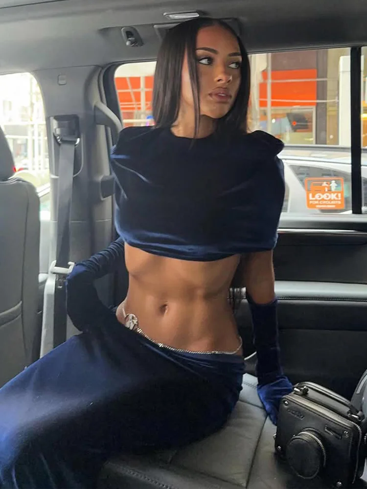 CNYISHE الدعاوى المخملية الصلبة النساء مجموعات سوبر بلوزات قصيرة 2 قطع موضة أنيقة مثير نادي غمد Oufits قفازات الإناث س الرقبة #6