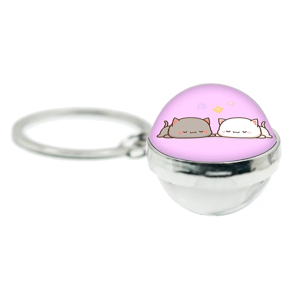 Mitao Cat Glass Keychain Cute Couple Peach Cat Schoolbag Cat Double Sided Ball Keychain Charm Keyring Jewelry Gifts For Friends