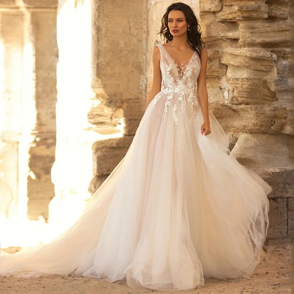 Exquisite Tulle A-Line Wedding Dresses V-Neck Applique Sleeveless Floor Length Bridal Formal Marriage Open Back Custom Gowns