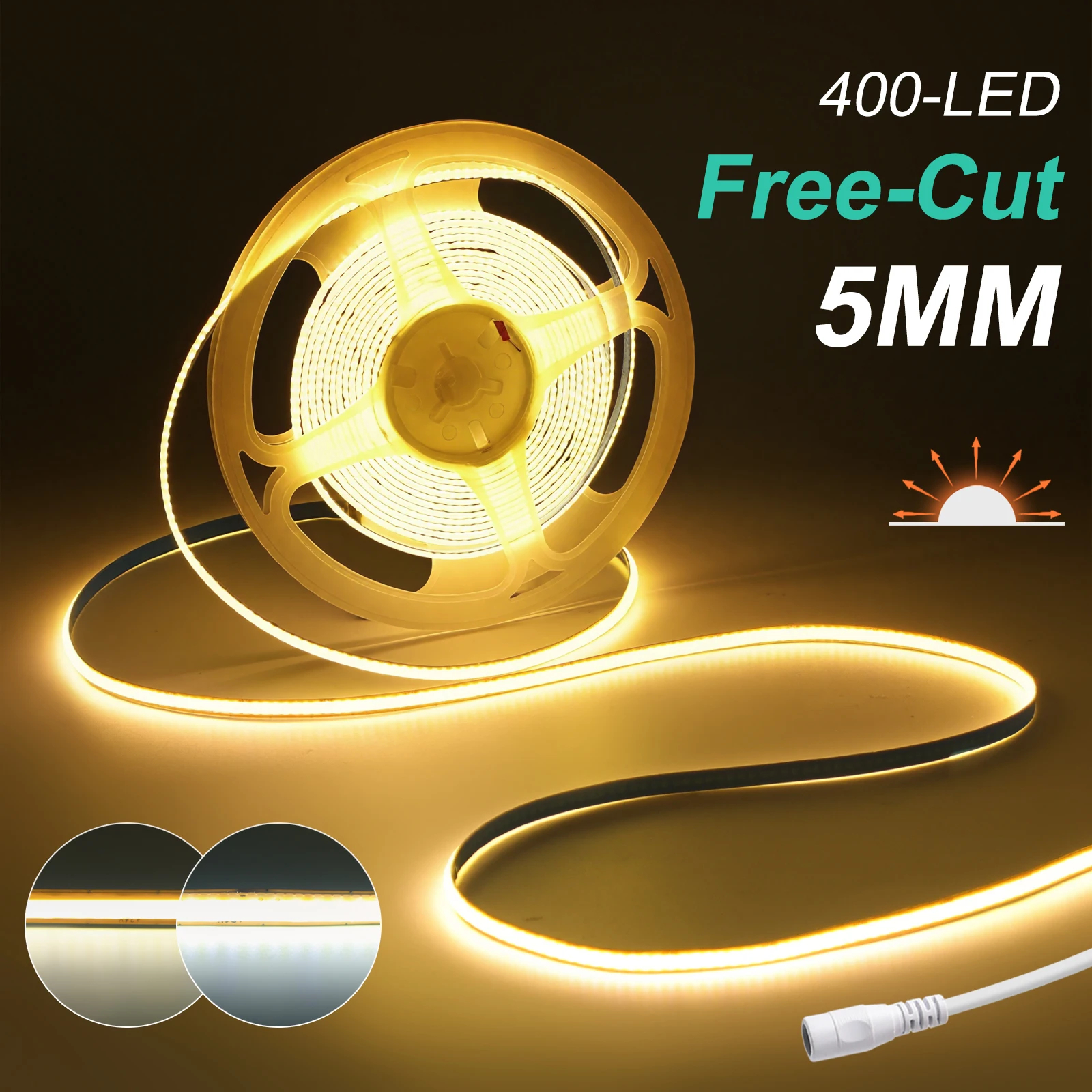 Lampu Strip LED COB PCB 5mm 8mm Dapat Dipotong 12V 24V Dengan Kabel 2PIN Colokan DC 400LED/m 3000k 4000k 6000k Lampu Fleksibel 0.5m 1m 5m 10m 20m