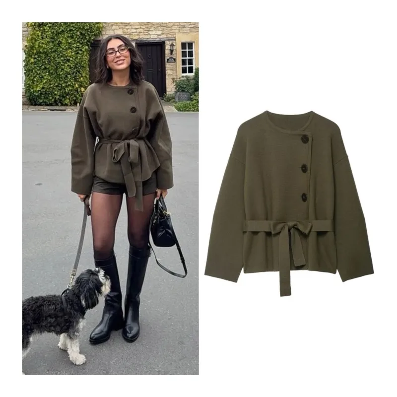 

Women Knitted Short Coat Jacket Single Breasted Autumn Casual Long Sleeve Wear a Belt O-Neck Solid Top Female Sweater