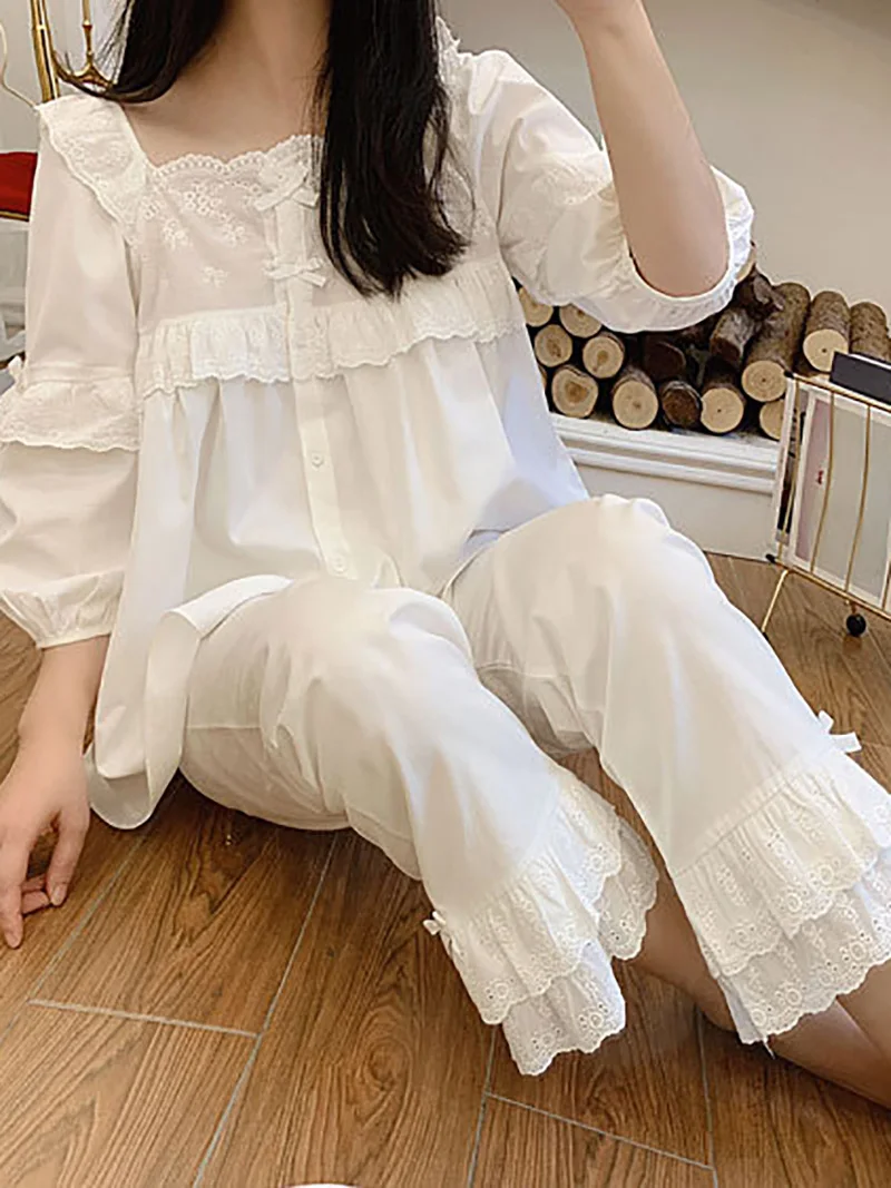 Women Goddes Princess Vintage Long Sleeve Loungewear Lace Pure Cotton Home Suit Sweet Korean Night Sleepwear Pajamas Top Pants