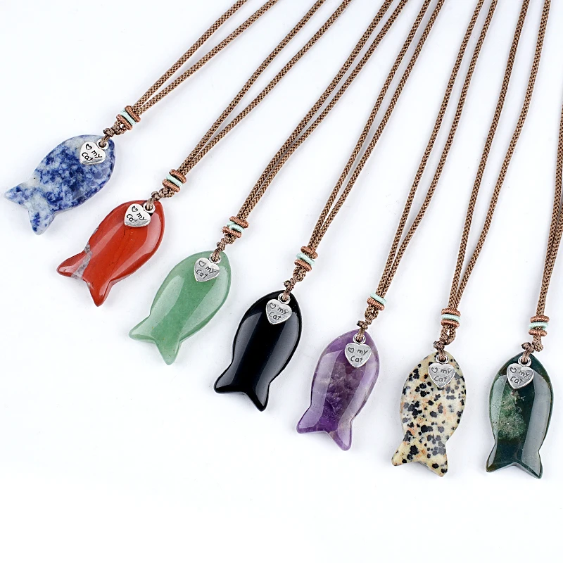 JOYAGIFT I Love My Cat Crystal Fish Pendant Choker Necklace Unisex Healing Chakra Adjustable Braided Rope Jewelry Gift Box