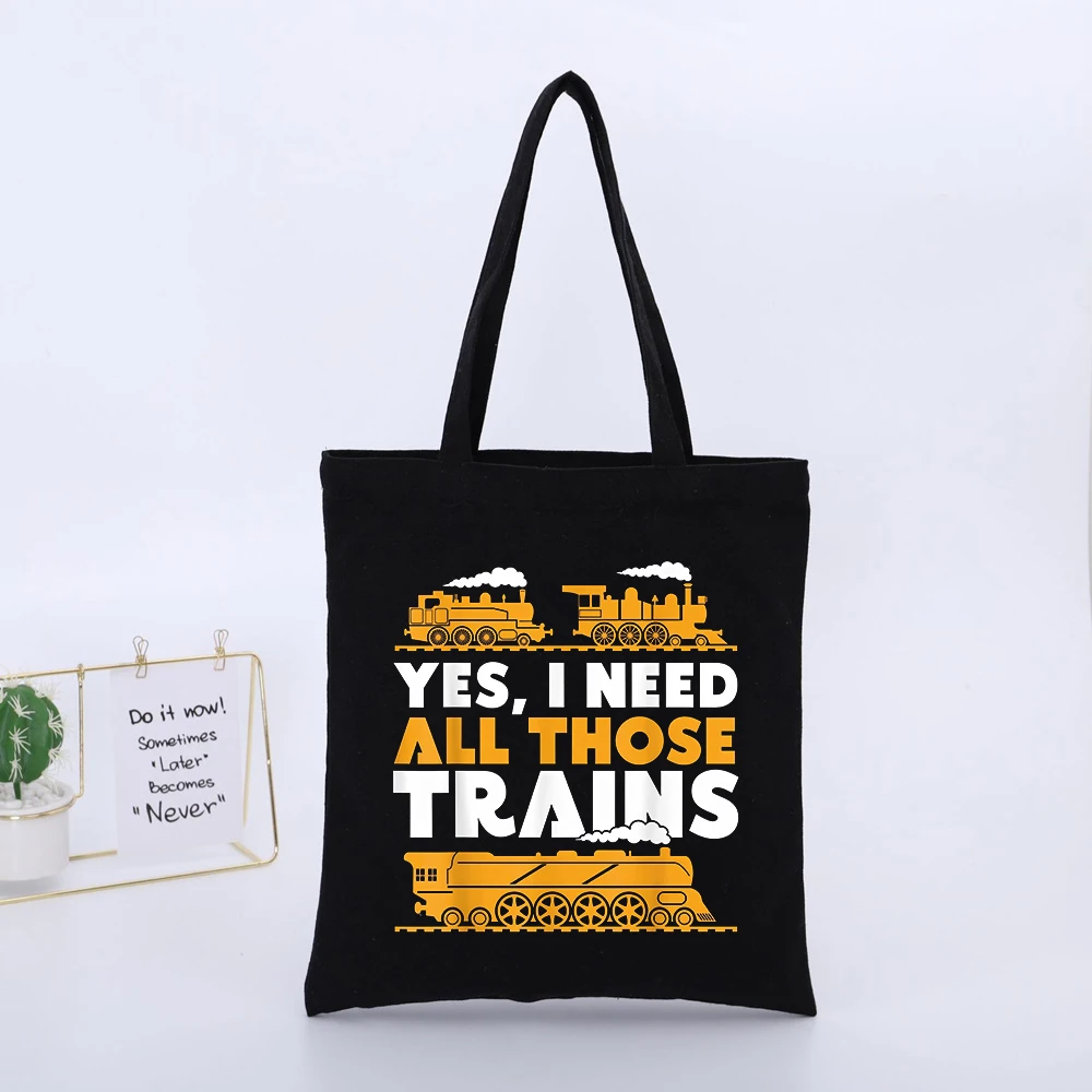 Train Enthusiast's Black Canvas Tote Bag with Locomotive and Slogan Print, Casual Style for Daily Shopping