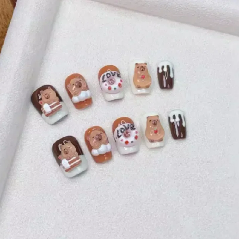 10Pcs Short Brown Handmade Press-On Nails Cute Cartoon Bear Nail Tips with Sweet Donut Design for Women&Girls Fall-Winter Wear