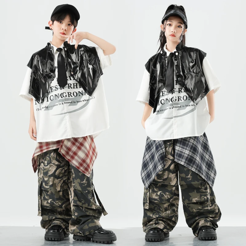 Jungen K-pop Street Dance Polo T-shirt Pu Weste Cargo Hosen Mädchen Hip Hop Camo Jogger Kinder Kleidung Sets kinder Jazz Streetwear