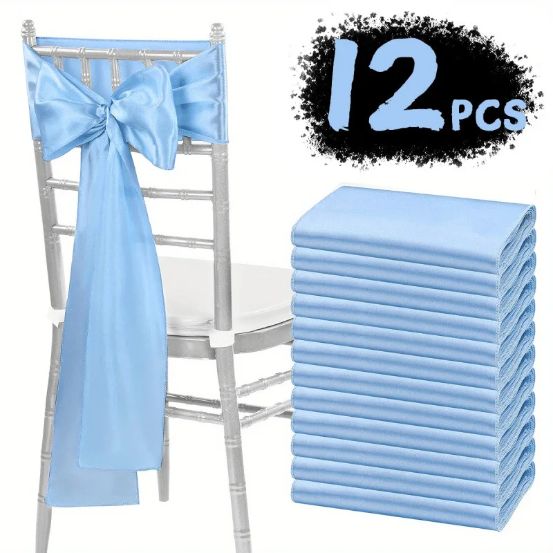 

12PCS Sky Blue Satin Chair Bow Sashes Soft Chair Sashes 17x275cm for Party Wedding Hotel Banquet Home Decorations Luxury